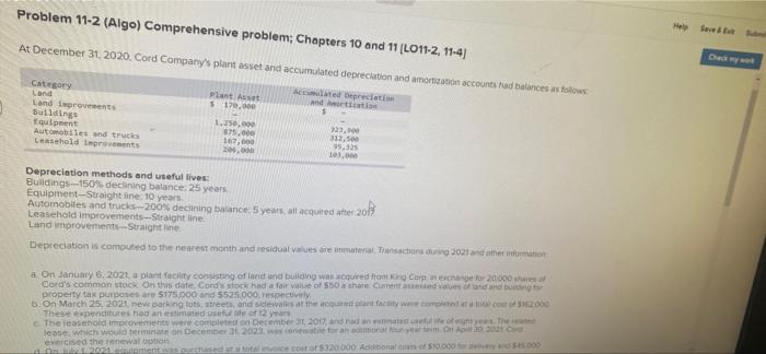  Problem 11-2 (Algo) Comprehensive problem: Chapters 10 and 11 [L011-2, 11-4
