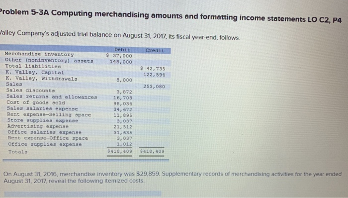  Problem 5-3A Computing merchandising amounts and formatting income statements LO C2,