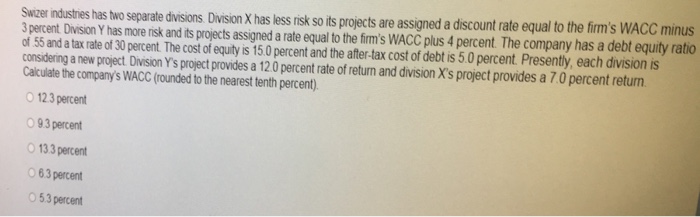  Swizer industries has two separate divisions Division X has less risk