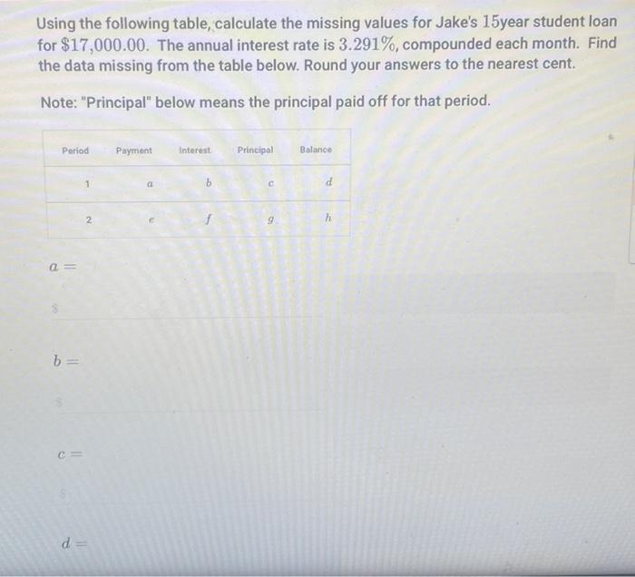  Using the following table, calculate the missing values for Jake's 15