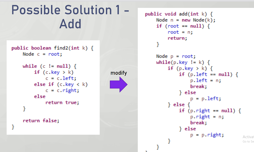 private Node find(Node n, int k) { if (n == null) return