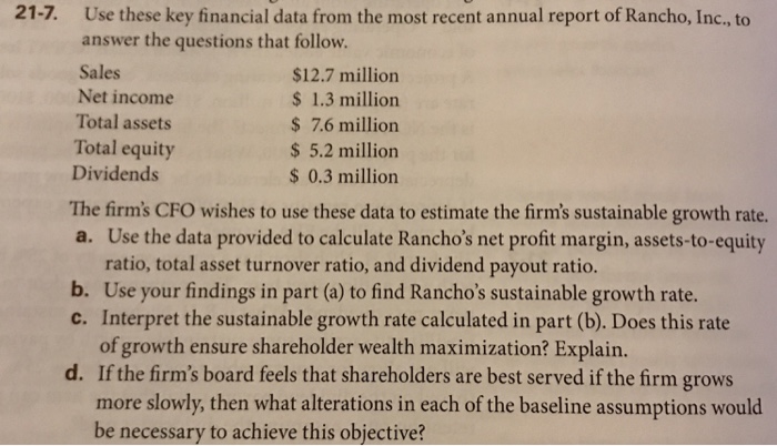 21-7. Use these key financial data from the most recent annual