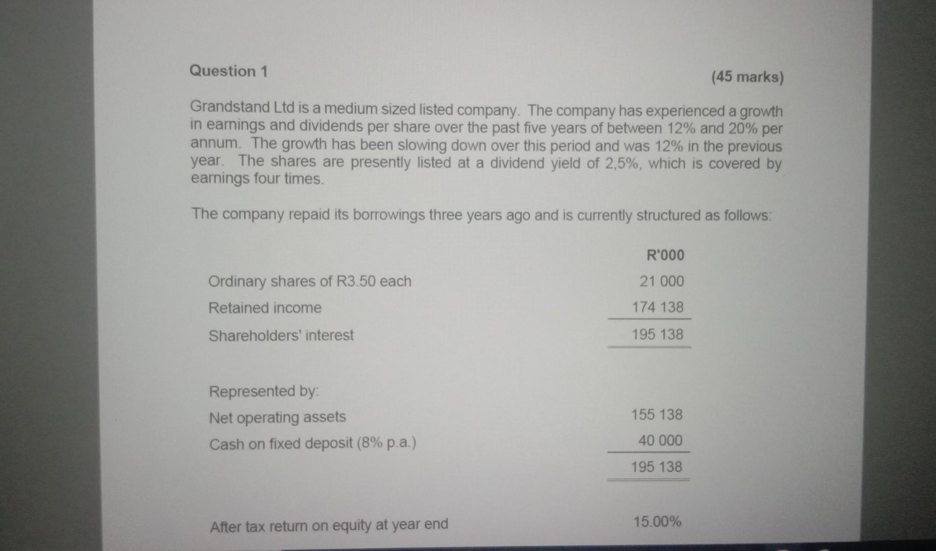  Question 1 (45 marks) Grandstand Ltd is a medium sized listed