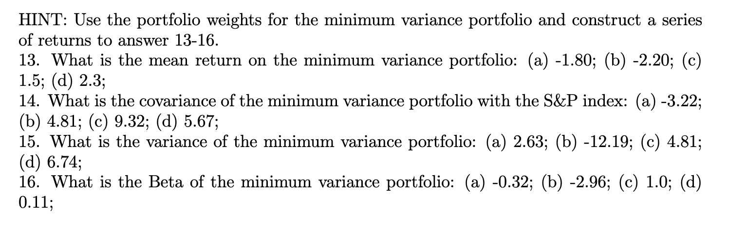 Mean Variance Analysis Consider the following time series of returns for ABC