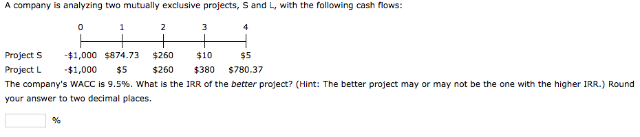  A company is analyzing two mutually exclusive projects, S and L,