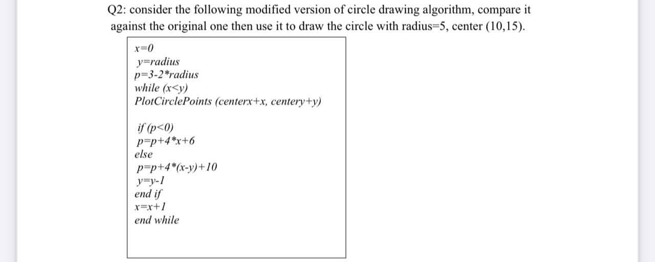 Q2: consider the following modified version of circle drawing algorithm, compare