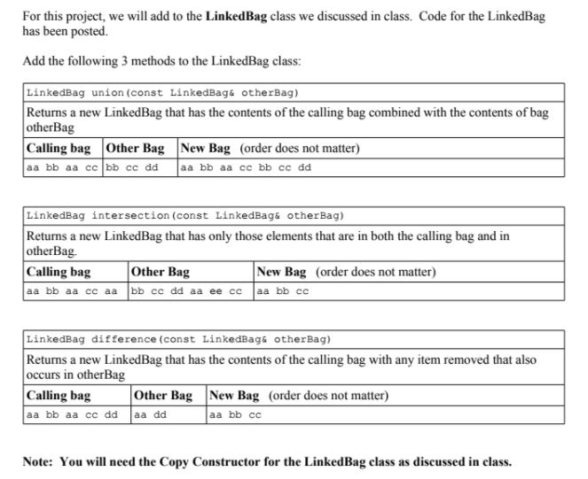  Codes: LinkedBagTest.cpp code: #include "LinkedBag.h" #include #include #include void printVector(vector& v)