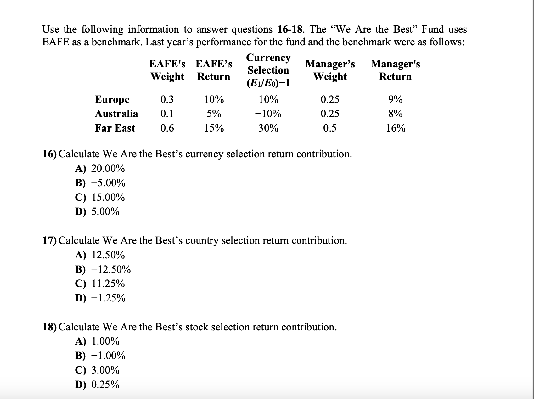  Please Answer Question 18. Use the following information to answer questions