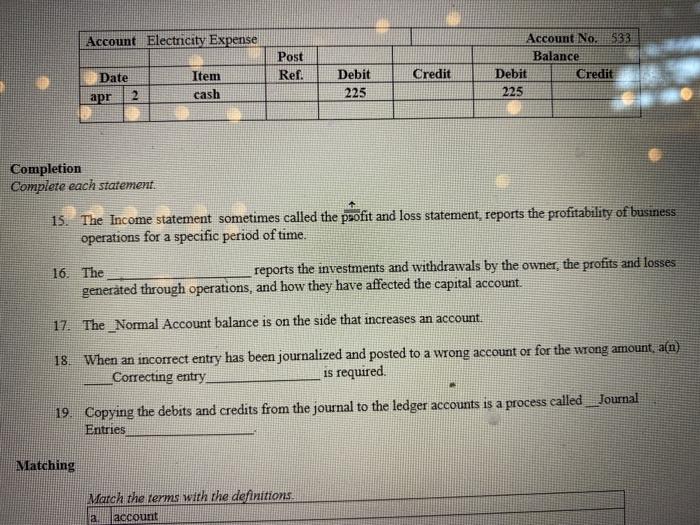 these right? Account Electricity Expense Post Ref. Account No. 533 Balance Debit