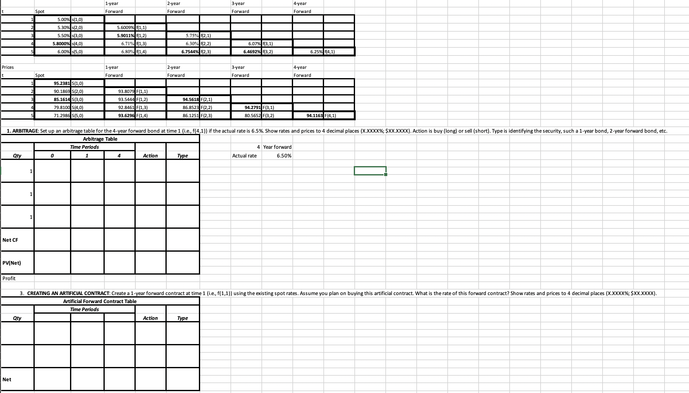  ARBITRAGE: Set up an arbitrage table for the 4-year forward bond
