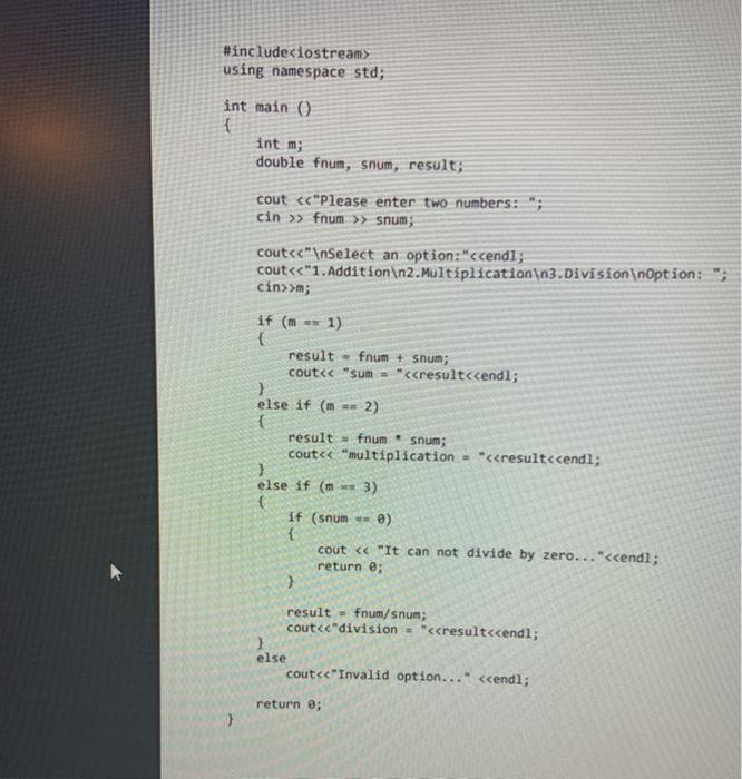 Flowchart #include using namespace std; int main() { int m; double fnum,