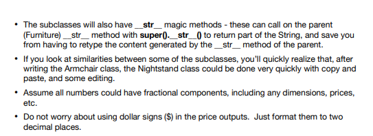 class Furniture: def __init__(self, s_type, s_artnum, f_price, s_name, s_desc, s_colour): # Assume
