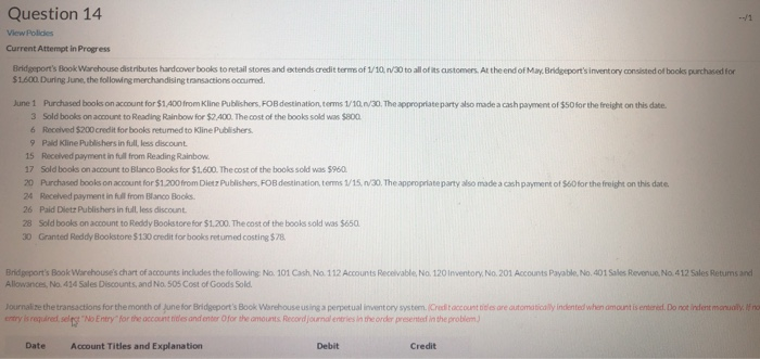  Question 14 View Polides Current Attempt in Progress Brideport's Book Warehouse