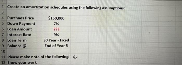 schedules using the following assumptions: 3 4 Purchaes Price $150,000 5 Down
