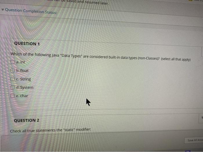  answer only Saved and resumed later Question Completion Status: QUESTION 1