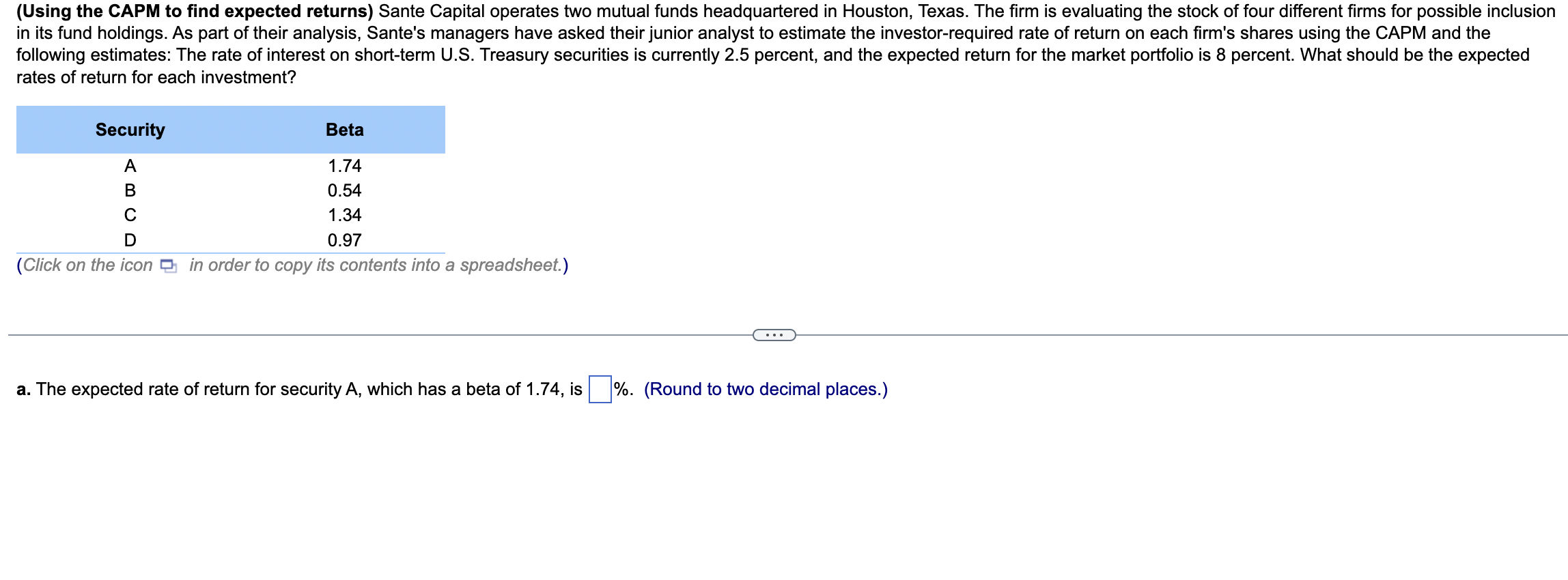  (Using the CAPM to find expected returns) Sante Capital operates two