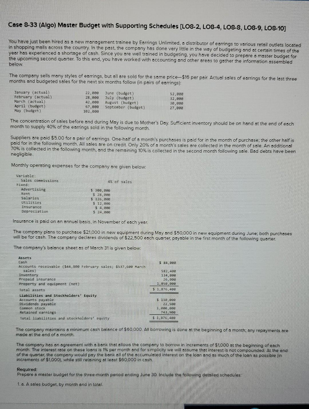  I need help finding divends paid Case 8-33 (Algo) Master Budget