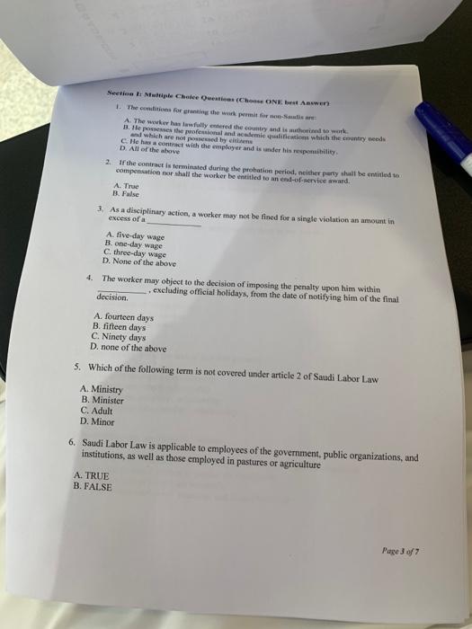  Section 1: Multiple Choice Questions (Choose ONE best Answer) 1. The