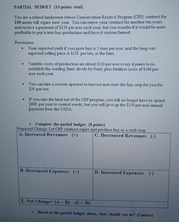  PARTIAL BUDGET (10 points total) You are a retired landowner whose