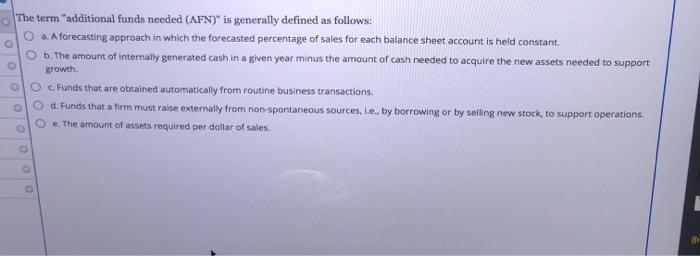  The term "additional funds needed (AFN)" is generally defined as follows: