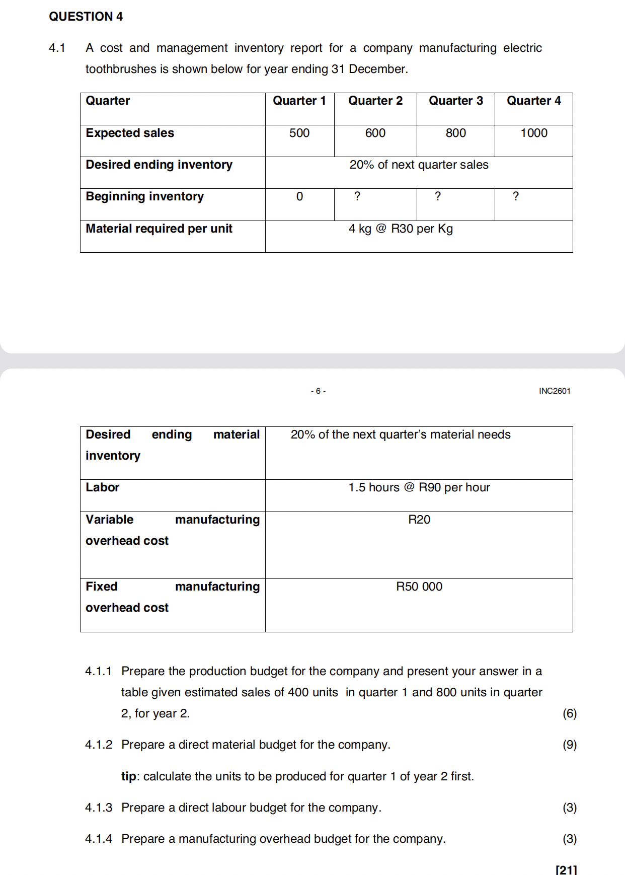  QUESTION 4 4.1 A cost and management inventory report for a