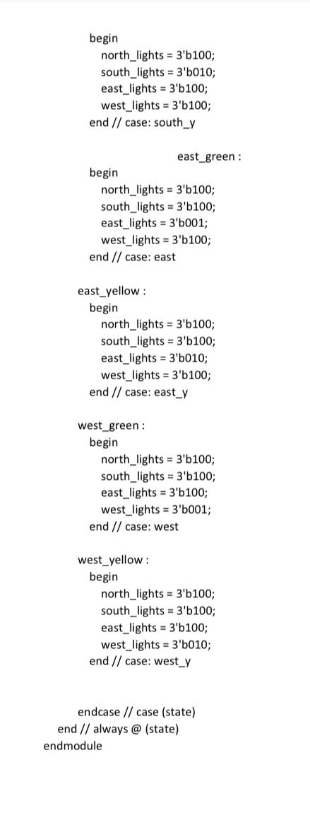 parameter (2:0) east_green=3'b100; parameter (2:0) east_yellow=3'b101; parameter (2:0) west_green=3'b110; parameter (2:0) west_yellow=3"b111;