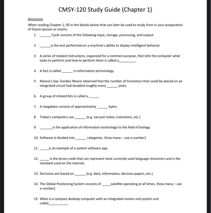  CMSY-120 Study Guide (Chapter 1) Directions When reading Chapter 1, fill