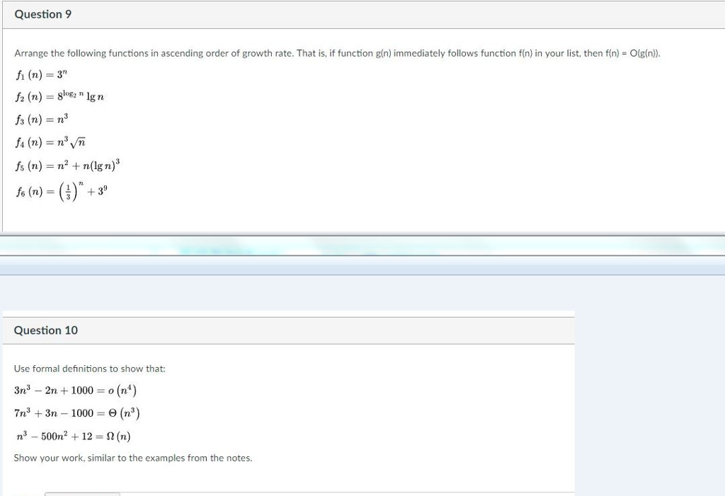 design and algorithm class Question 9 Arrange the following functions in ascending