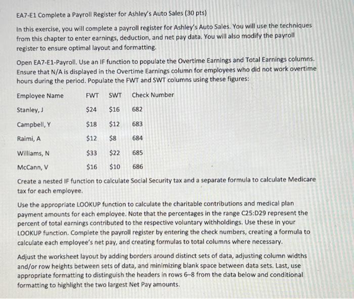  EA7-E1 Complete a Payroll Register for Ashley's Auto Sales (30 pts)