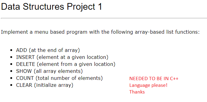  Data Structures Project 1 Implement a menu based program with the