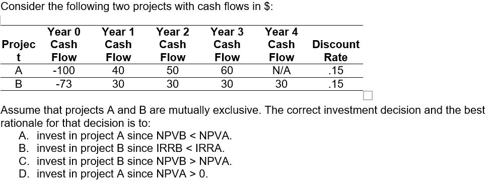 Hand written answer please Consider the following two projects with cash