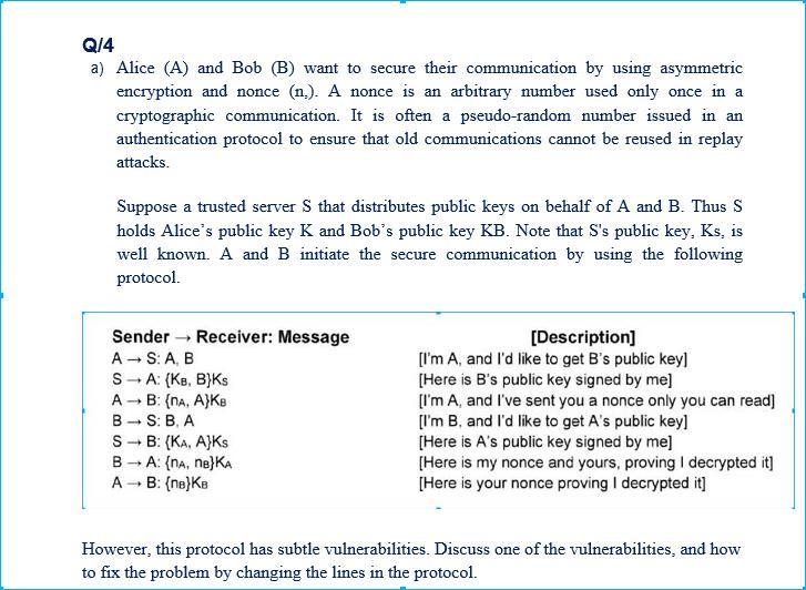 Q/ In network security answer this ? Q/4 a) Alice (A) and