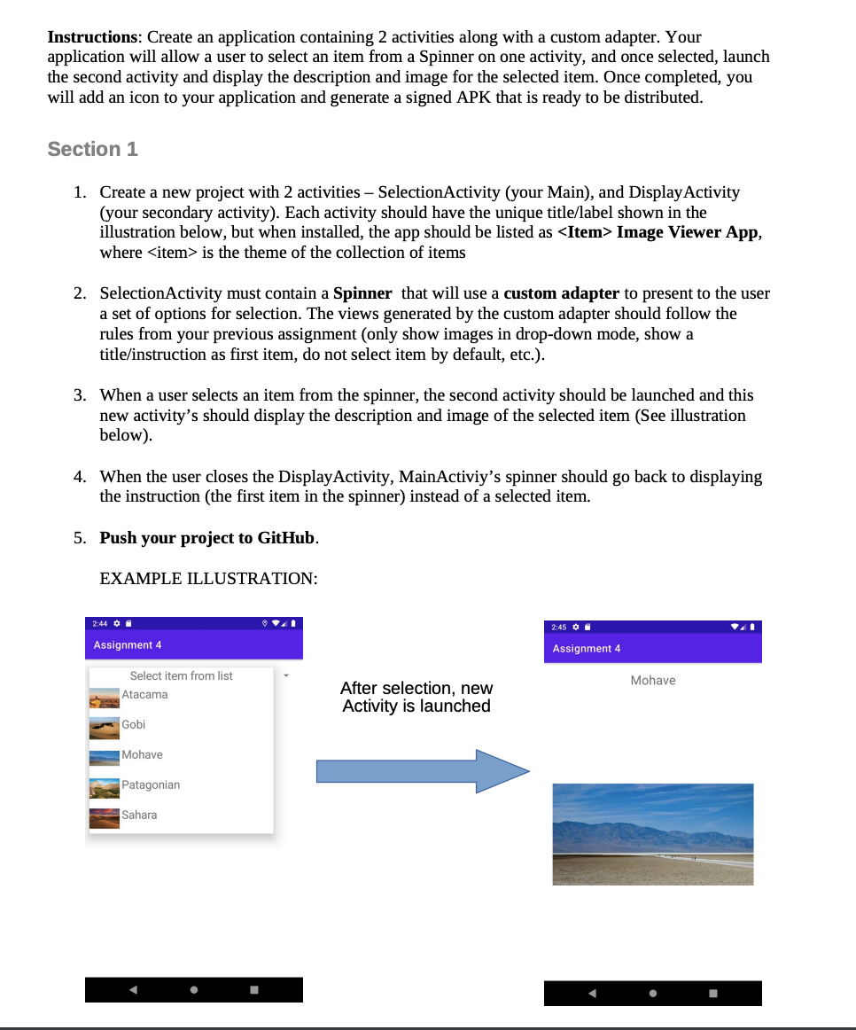 Android Studio: Instructions: Create an application containing 2 activities along with a