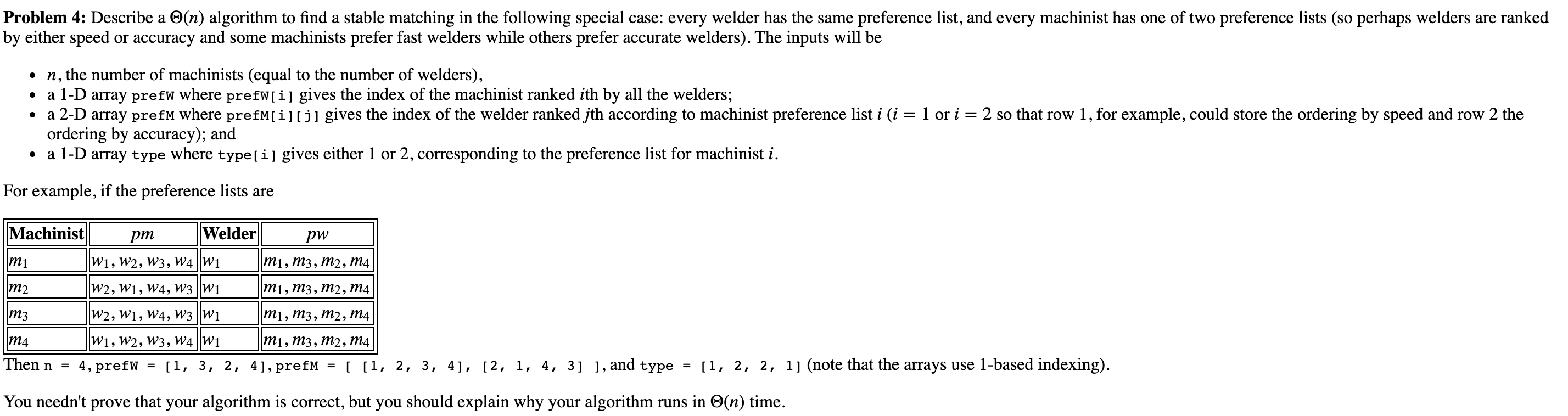  Problem 4: Describe a (n) algorithm to find a stable matching