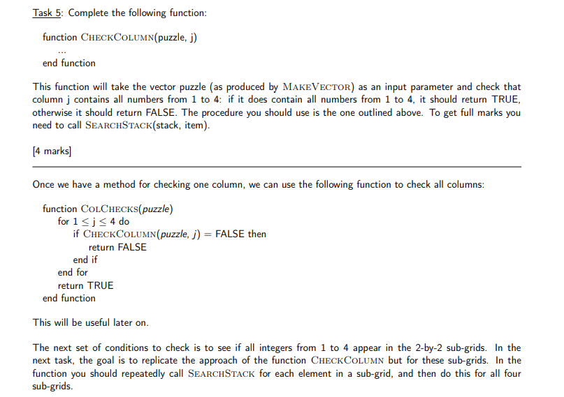  Task 5: Complete the following function: function CHECKCOLUMN(puzzle, j) end function