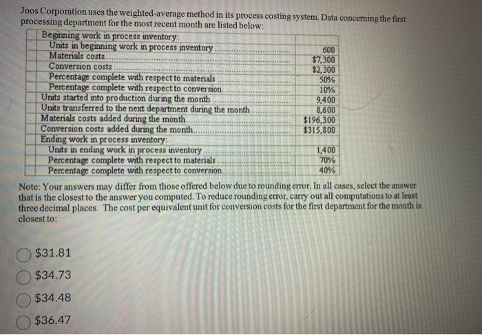 help :) Joos Corporation uses the weighted-average method in its process costing
