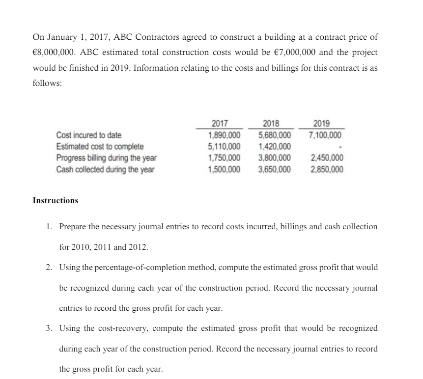  On January 1,2017, ABC Contractors agreed to construct a building at
