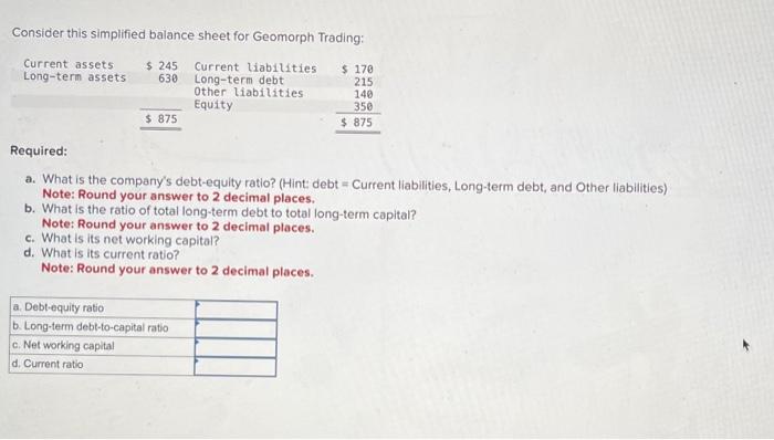  Consider this simplified balance sheet for Geomorph Trading: Required: a. What