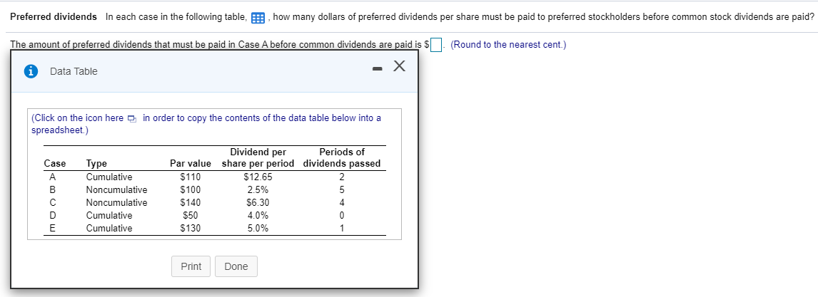  Preferred dividends in each case in the following table, how many