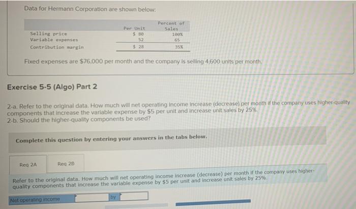  Data for Hermann Corporation are shown below: Selling price Variable expenses