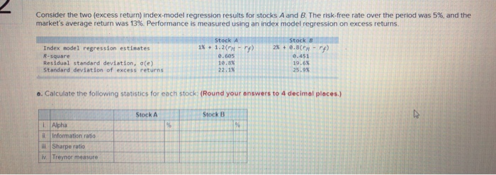  Consider the two (excess return) index-model regression results for stocks A