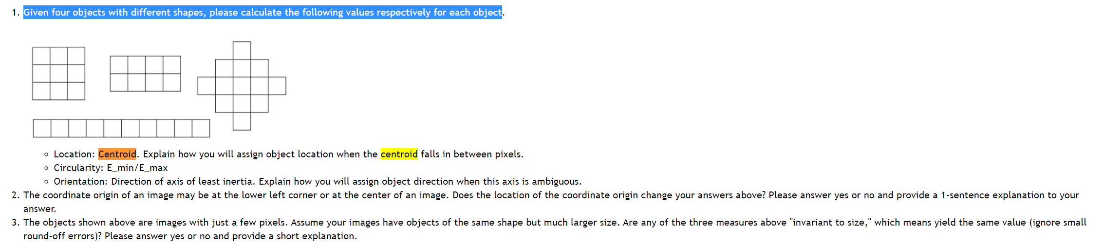 1. Given four objects with different shapes, please calculate the following