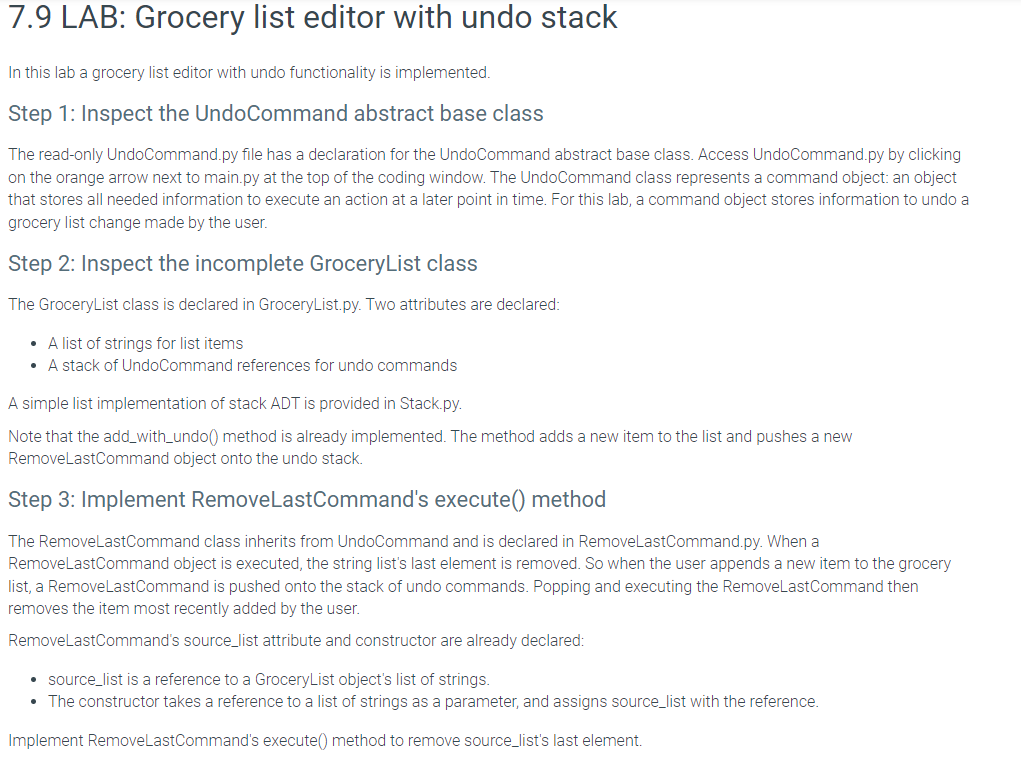  In this lab a grocery list editor with undo functionality is