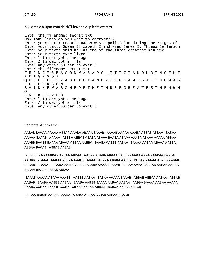 JAVA program CIT 130 PROGRAM 3 SPRING 2021 My sample output (you