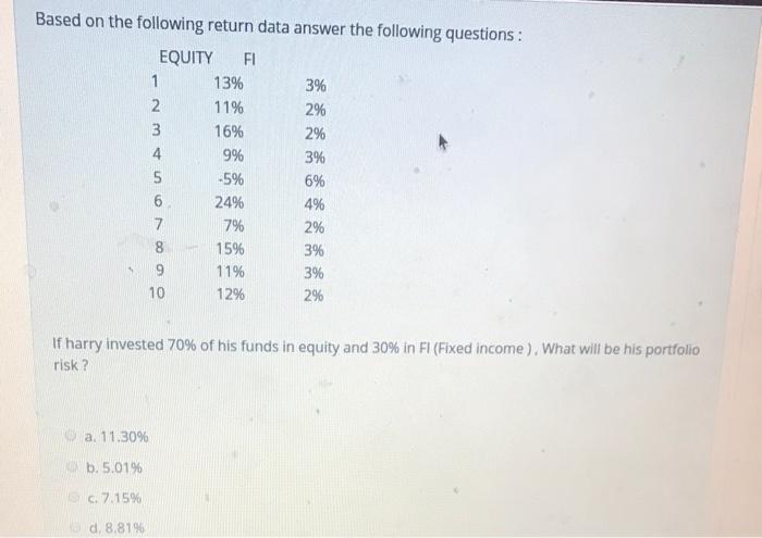  Based on the following return data answer the following questions :