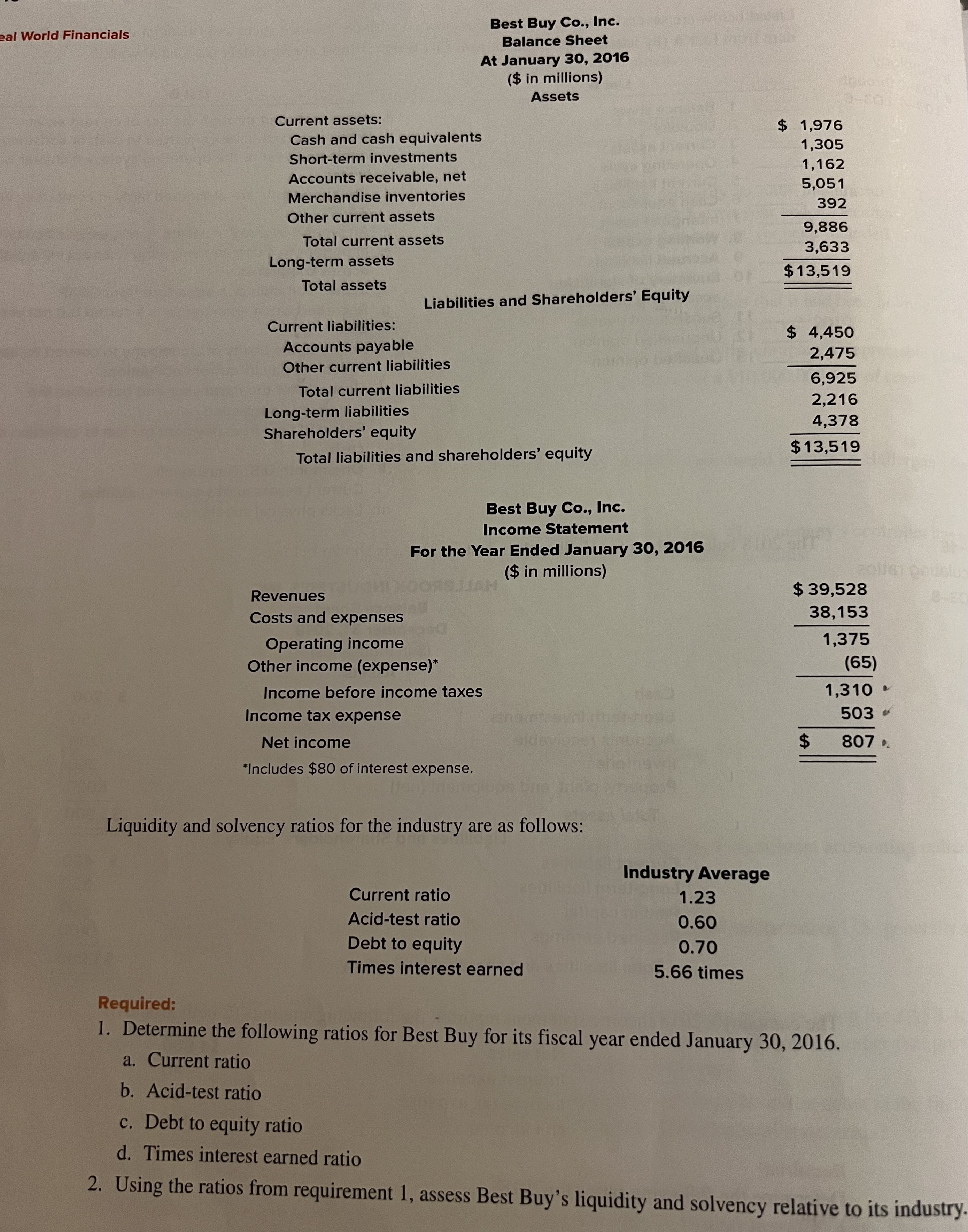  a. Current ratio b. Acid-test ratio c. Debt to equity ratio