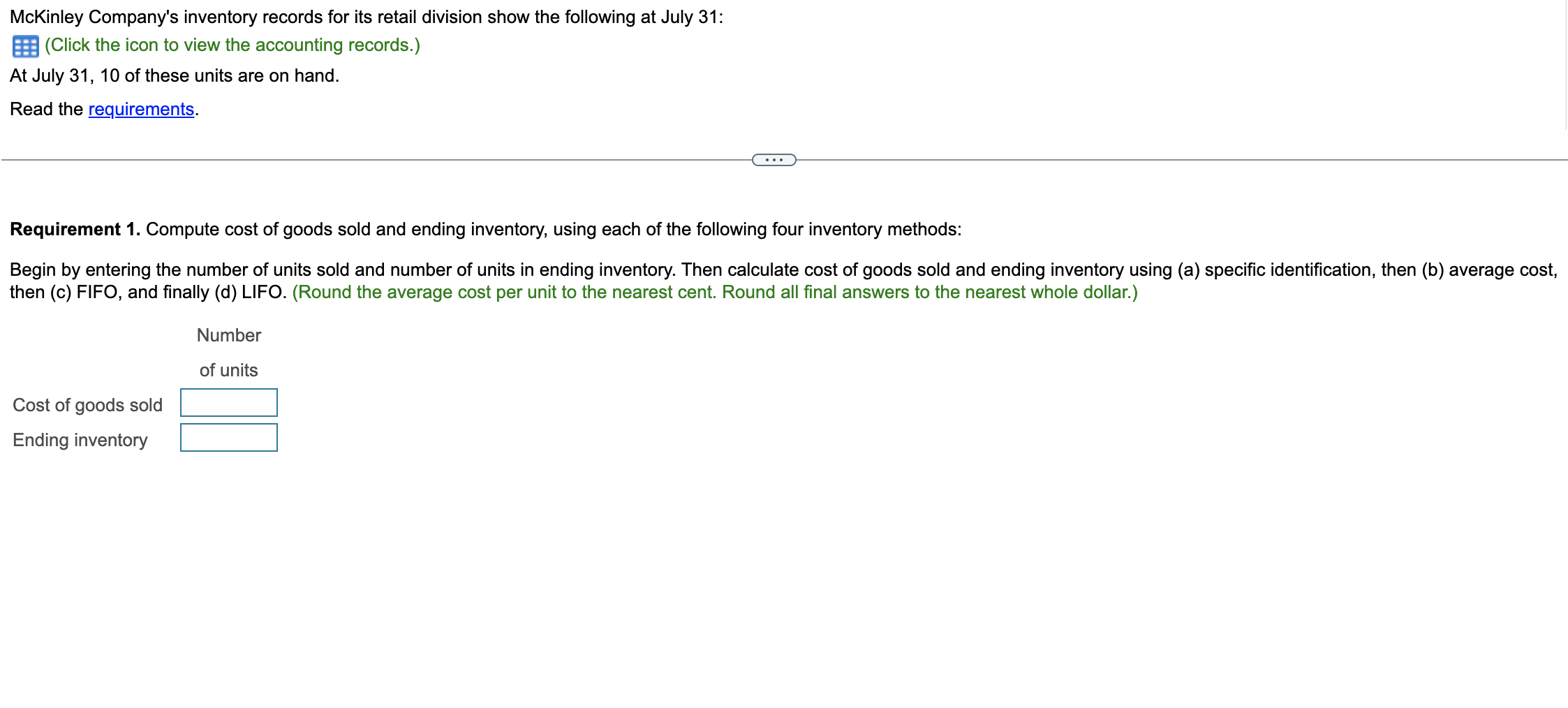 the pictures. McKinley Company's inventory records for its retail division show the