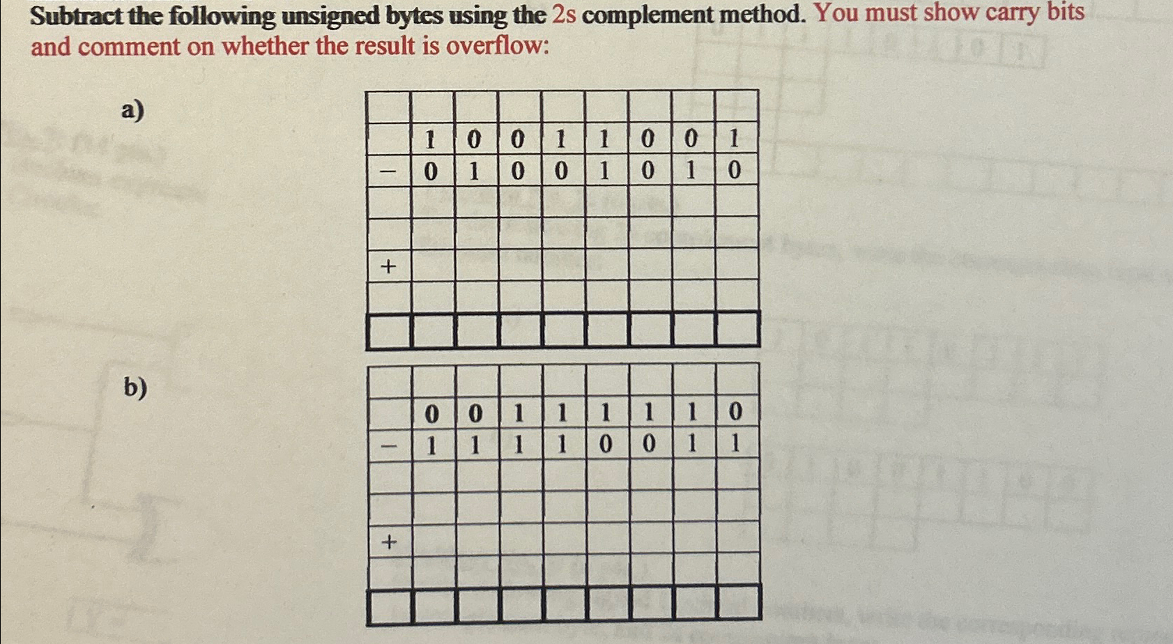  Subtract the following unsigned bytes using the 2s complement method. You