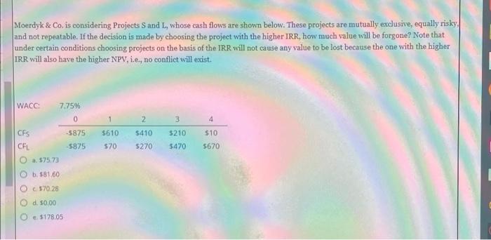  Moerdyk & Co. is considering Projects Sand L, whose cash flows