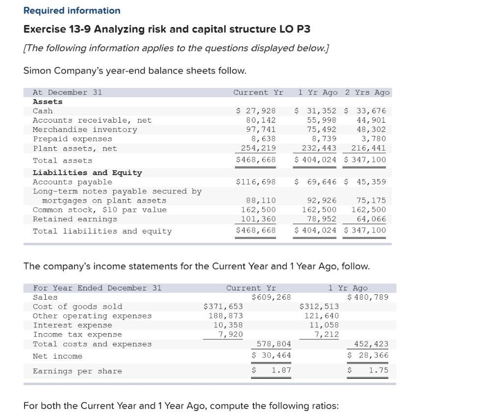  Required information Exercise 13-9 Analyzing risk and capital structure LO P3